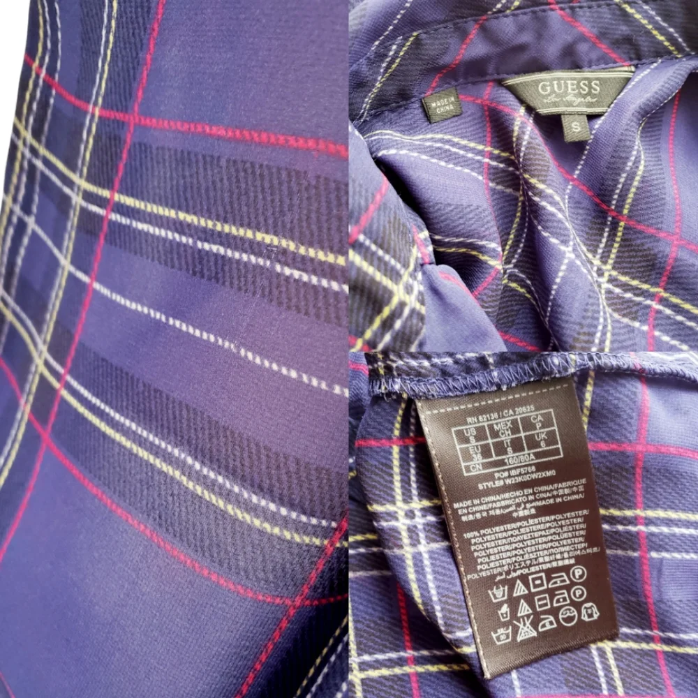 Guess Purple & Pink Plaid Print Chiffon Sheer Long Sleeve Blouse Size Small - Picture 6 of 8